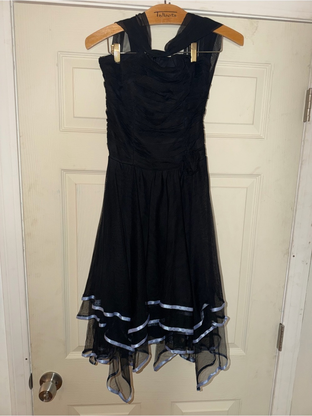 Bari Jay Black High-Low Chiffon Dress with Periwinkle Trim 5/6